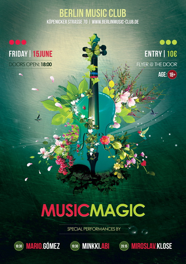 Цветы и гитара на весеннем плакате Music Magic Free PSD