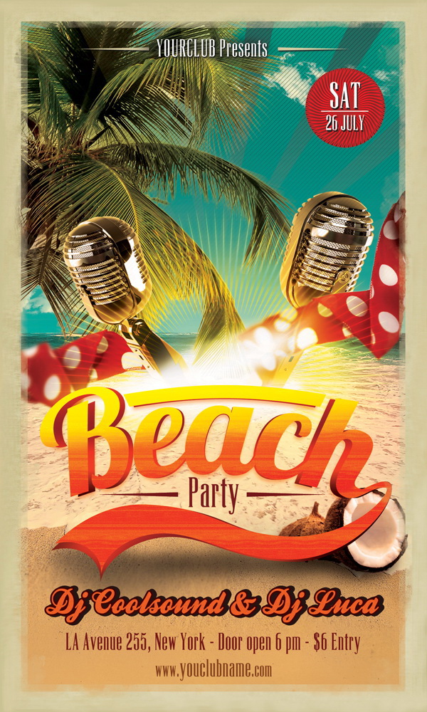 Постер в ретро стиле на пляже Beach Party Free PSD