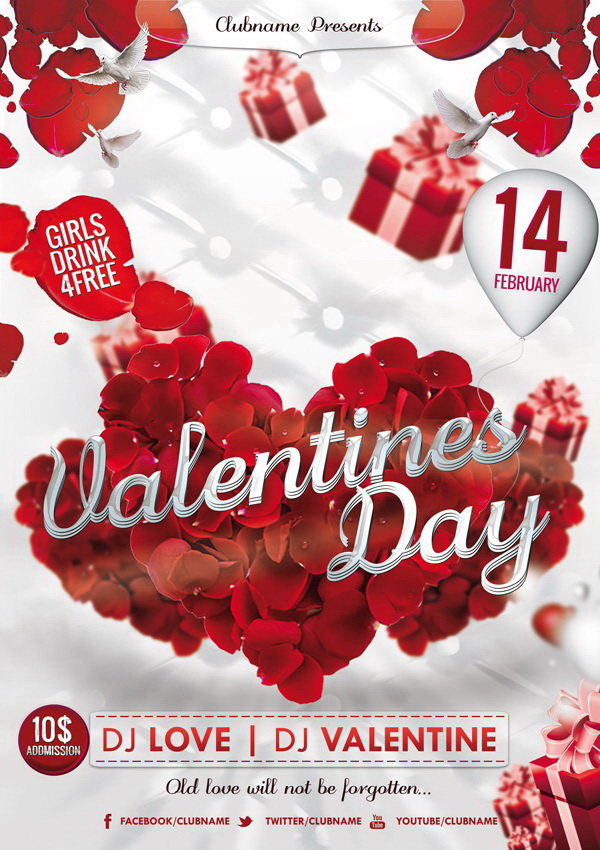 Сердечки из лепестков роз на постере Валентинов день Free PSD