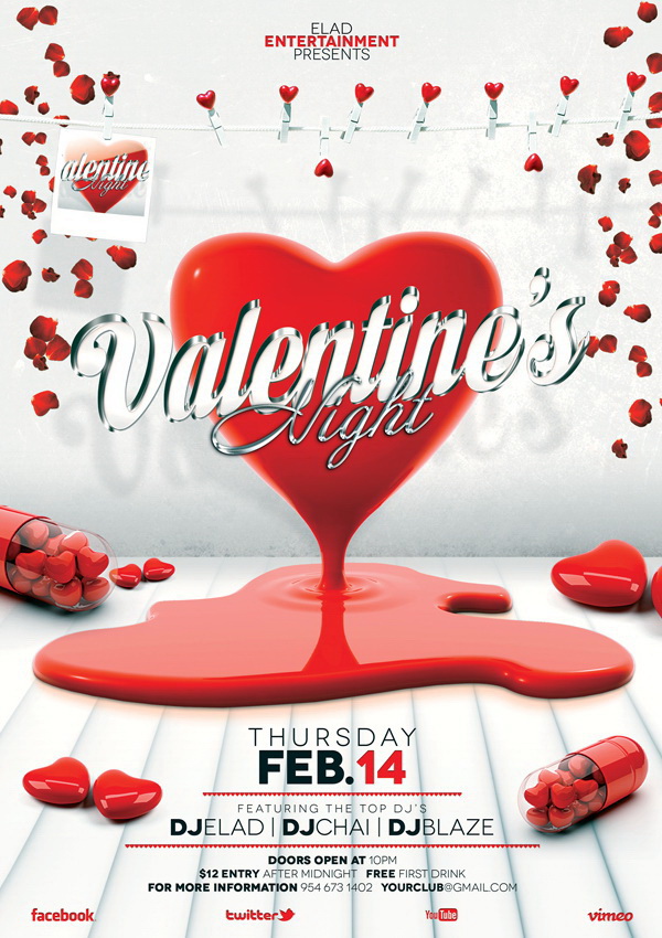 Рекламный плакат вечеринки День святого Валентина Free PSD
