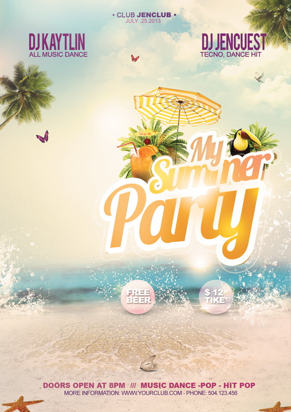 Романтичный дизайн плаката Summer Party Free PSD